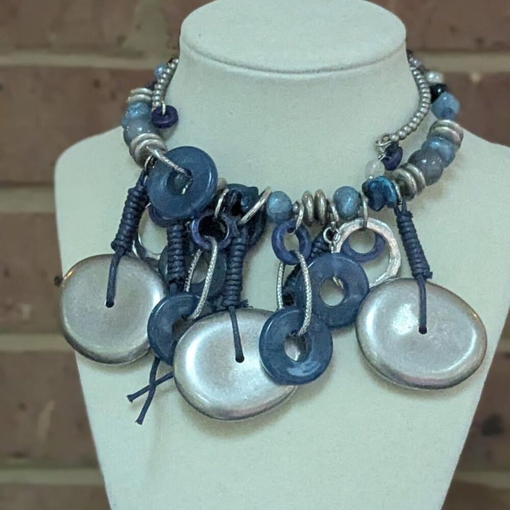 Mid Century Charm Choker Necklace, Blue Gray Silver Beaded Jewelry